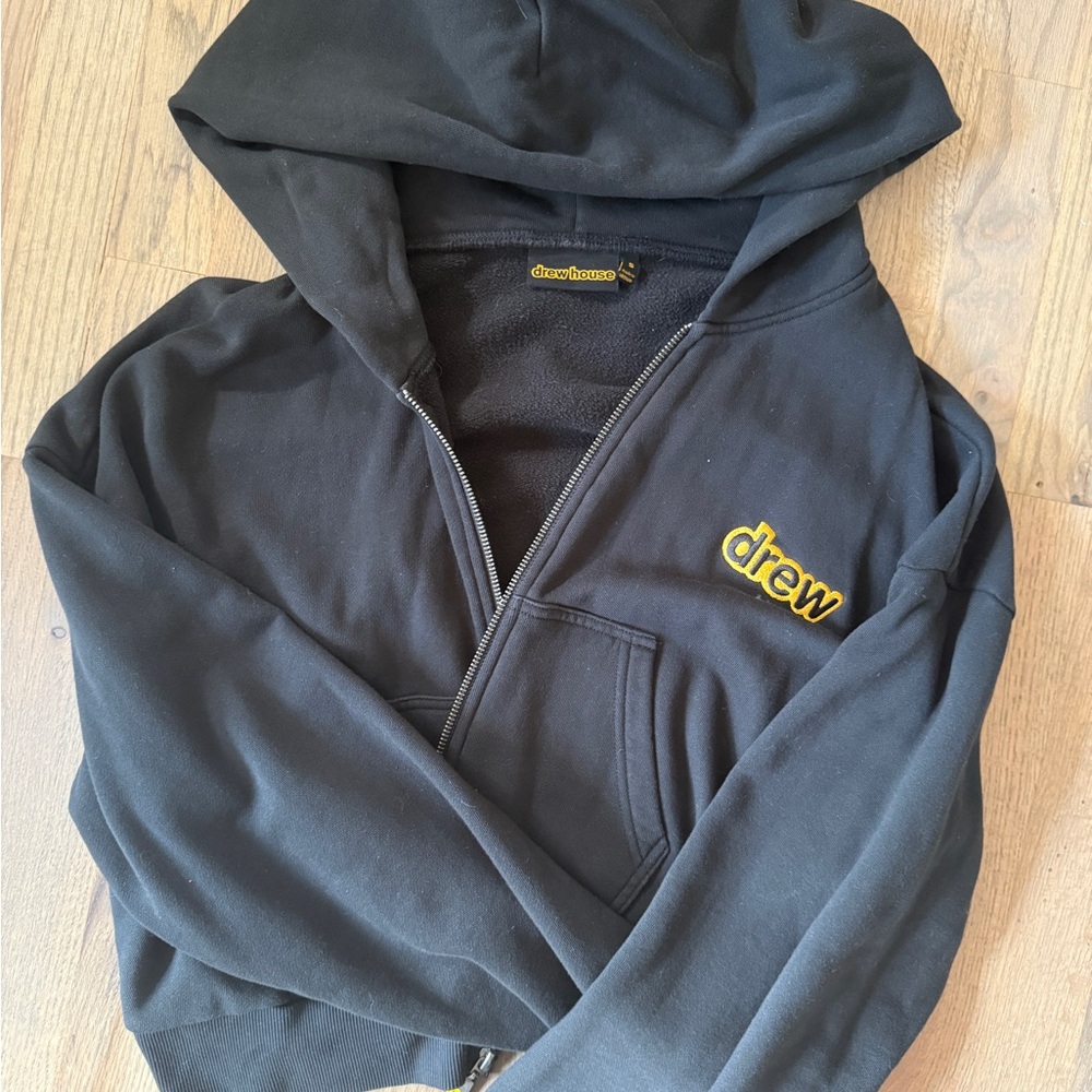 drew house Cropped Black Zip-Up Hoodie with Mascot Logo